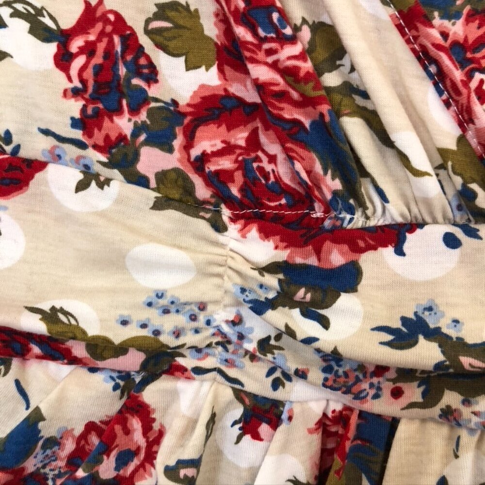 NEW NWT MEAVEOR Beige White Red Blue Floral Polka Dot Faux Wrap Dress Medium M - Picture 7 of 10
